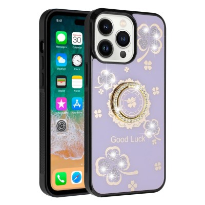 For iP15 Pro Max SPLENDID Diamond Glitter Ornaments Engraving Case Cover - Good Luck Floral Purple