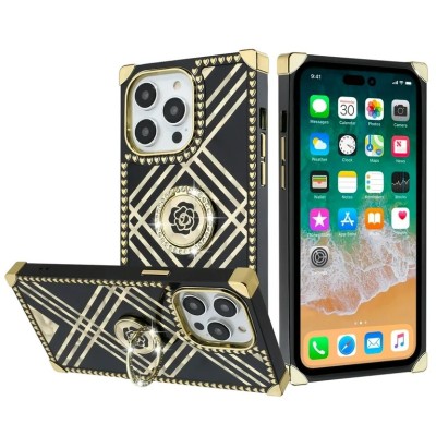 For iP15 Pro Max SQUARE Passion Glitter Diamond Ring Stand Case Cover - BLACK CHROME B