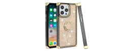 For iP15 Pro Max SQUARE Passion Glitter Diamond Ring Stand Case Cover - Floral Design Gold