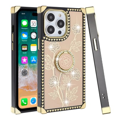 For iP15 Pro Max SQUARE Passion Glitter Diamond Ring Stand Case Cover - Floral Design Gold