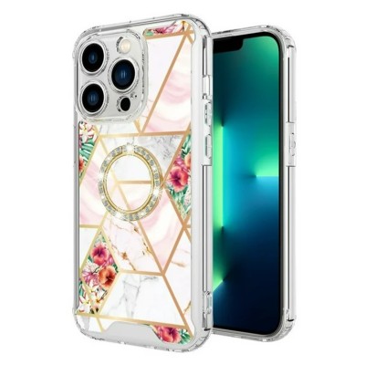 For iP15 Pro Max SQUARE Passion Glitter Diamond Ring Stand Case Cover - Floral Design Pink