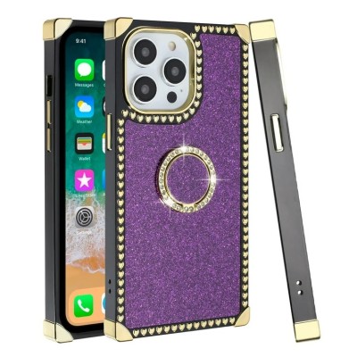 For iP15 Pro Max SQUARE Passion Glitter Diamond Ring Stand Case Cover - Floral Design Purple