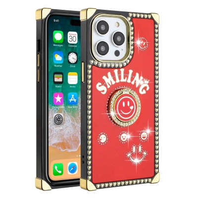 For iP15 Pro Max SQUARE Passion Glitter Diamond Ring Stand Case Cover - Floral Design Red