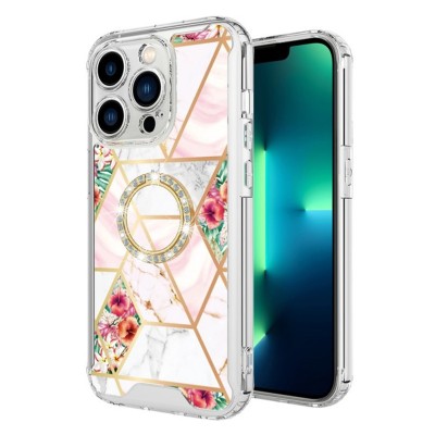 For iP15 Pro Max SQUARE Passion Glitter Diamond Ring Stand Case Cover - Floral Design White