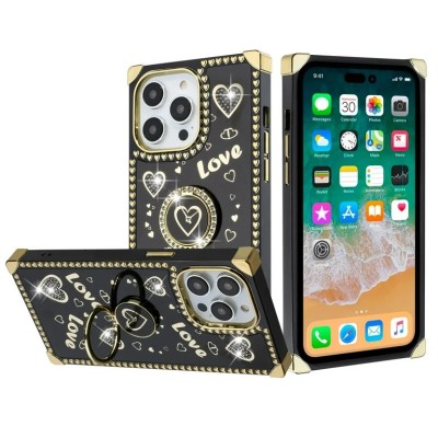 For iP15 Pro Max SQUARE Passion Glitter Diamond Ring Stand Case Cover - Heart Design√Ç¬†Black