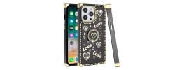 For iP15 Pro Max SQUARE Passion Glitter Diamond Ring Stand Case Cover - Heart Design Gold