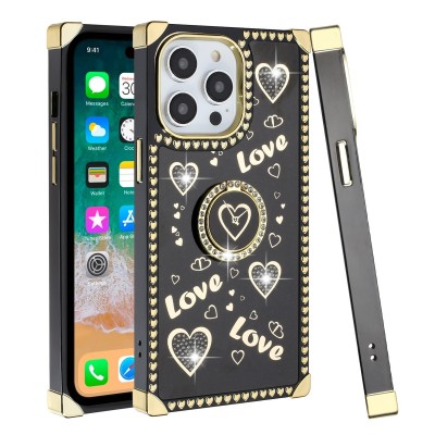 For iP15 Pro Max SQUARE Passion Glitter Diamond Ring Stand Case Cover - Heart Design Gold