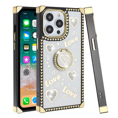 For iP15 Pro Max SQUARE Passion Glitter Diamond Ring Stand Case Cover - Heart Design Pink