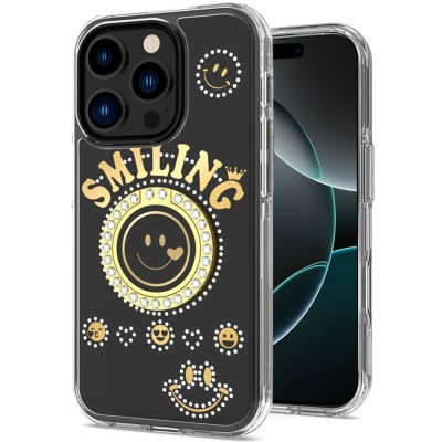 For iP15 Pro Max Smiling Glitter Ornament Bling With Ring Stand Hybrid Case Cover - Black