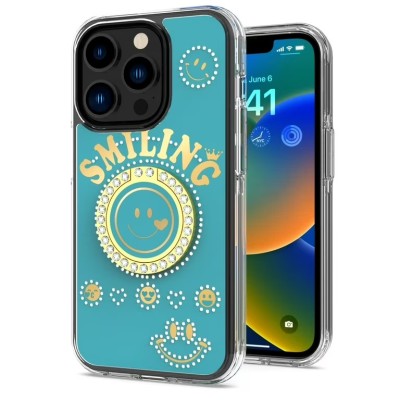 For iP15 Pro Max Smiling Glitter Ornament Bling With Ring Stand Hybrid Case Cover - Blue