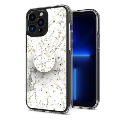 For iP15 Pro Max Smiling Glitter Ornament Bling With Ring Stand Hybrid Case Cover - White