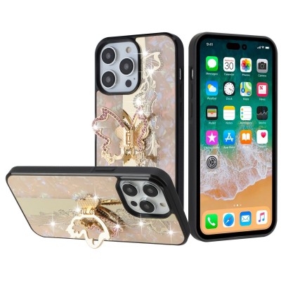 For iP15 Pro Max Splendid Floral Designs with Metal Camera and Buttons with Butterfly Ring Stand Hybrid Case - Gold