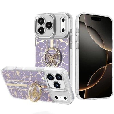 For iP15 Pro Max Splendid Floral Designs with Metal Camera and Buttons with Butterfly Ring Stand Hybrid Case - Light Pink