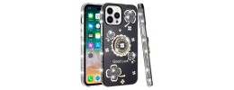 For iP15 Pro Max Splendid Glitter with Diamonds All Around Edges Ring Stand Case Cover - Black