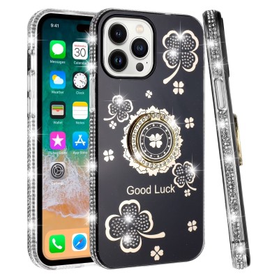 For iP15 Pro Max Splendid Glitter with Diamonds All Around Edges Ring Stand Case Cover - Black