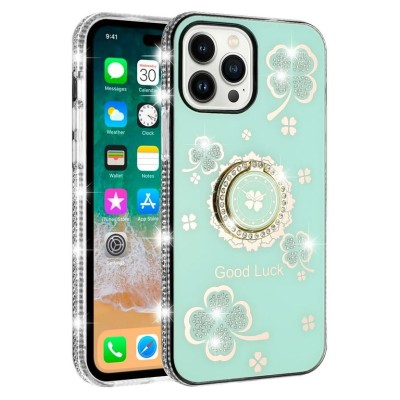For iP15 Pro Max Splendid Glitter with Diamonds All Around Edges Ring Stand Case Cover - Gold