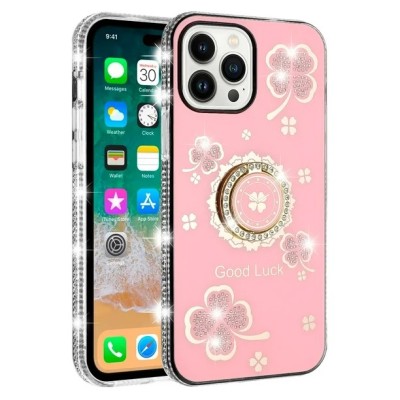 For iP15 Pro Max Splendid Glitter with Diamonds All Around Edges Ring Stand Case Cover - Pink