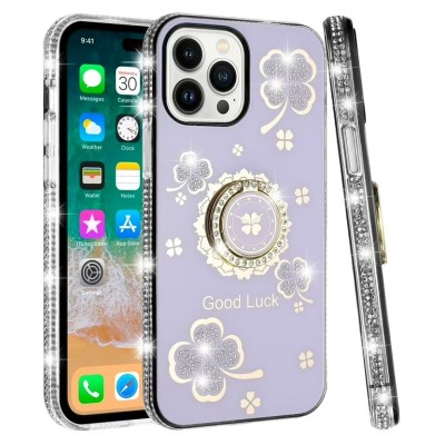 For iP15 Pro Max Splendid Glitter with Diamonds All Around Edges Ring Stand Case Cover - Purple