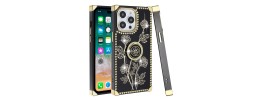 For iP15 Pro Max Square Passion Hearts Bling Glitter Floral Ring Stand Case Cover - Black