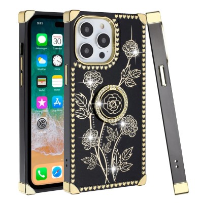For iP15 Pro Max Square Passion Hearts Bling Glitter Floral Ring Stand Case Cover - Black