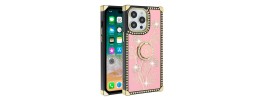 For iP15 Pro Max Square Passion Hearts Bling Glitter Floral Ring Stand Case Cover - Pink