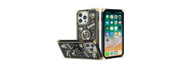 For iP15 Pro Max Square Passion Hearts Bling Glitter Love Design Ring Stand Case Cover - Gold