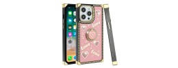 For iP15 Pro Max Square Passion Hearts Bling Glitter Love Design Ring Stand Case Cover - Pink