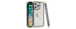 For iP15 Pro Max Square Passion Hearts Bling Glitter Love Design Ring Stand Case Cover - Red