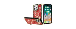 For iP15 Pro Max Square Passion Hearts Bling Glitter Floral Ring Stand Case Cover - Red