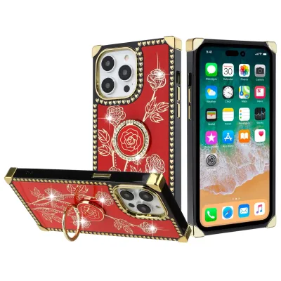 For iP15 Pro Max Square Passion Hearts Bling Glitter Floral Ring Stand Case Cover - Red