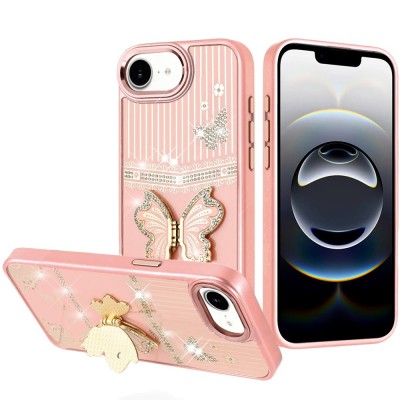 For iP15 Pro Max Stick-On Embedded Glass Diamonds of Colorful Floral Arrangement HQ Hybrid Case - Rose Gold