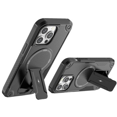 For iP15 Pro Max Sturdy Bracket Kickstand Magnetic Hybrid - Black