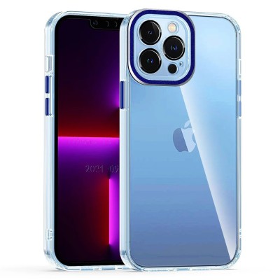 For iP15 Pro Max Transparent Clear Hybrid with Matching Metal Buttons and Camera Protection - Dark Blue