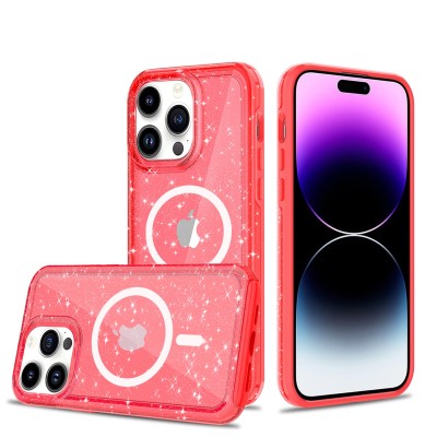 For iP15 Pro Max Transparent Glitter 2.0mm Thick Hybrid Case Cover - Red