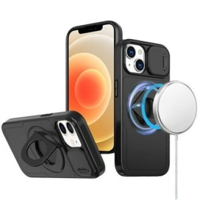 For iP15 Pro Max Trendy Full Coverage with Camera Window [Magnetic Circle] with Rotational Ring Stand Hybrid Case - Black