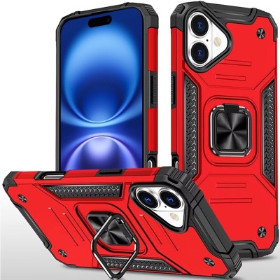 For iP15 Pro Max Trendy Full Coverage with Camera Window [Magnetic Circle] with Rotational Ring Stand Hybrid Case - Red