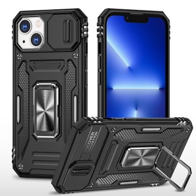 For iP15 Pro Max Utter Tough Metal Ring Movable Camera Window Hybrid Case Cover - Black
