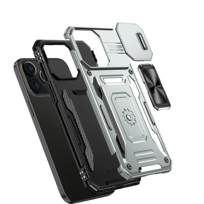 For iP15 Pro Max Utter Tough Metal Ring Movable Camera Window Hybrid Case Cover - Gray