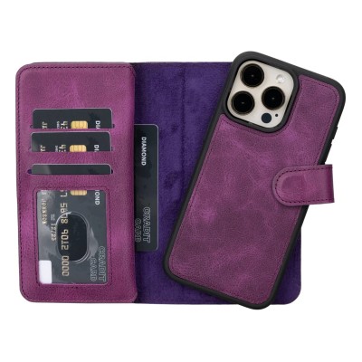 For iP15 Pro Max Wallet Premium PU Vegan Leather ID Card Money Holder with Magnetic Closure - Purple