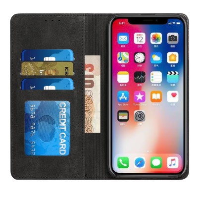 For iP15 Pro Max Wallet Premium PU Vegan Leather ID Card Money Holder with Magnetic Closure - Black