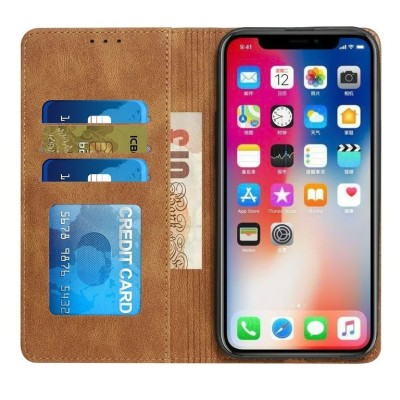 For iP15 Pro Max Wallet Premium PU Vegan Leather ID Card Money Holder with Magnetic Closure - Brown