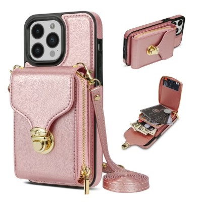 For iP15 Pro Max Wallet Premium PU Vegan Leather ID Card Money Holder with Magnetic Closure - Rose Gold