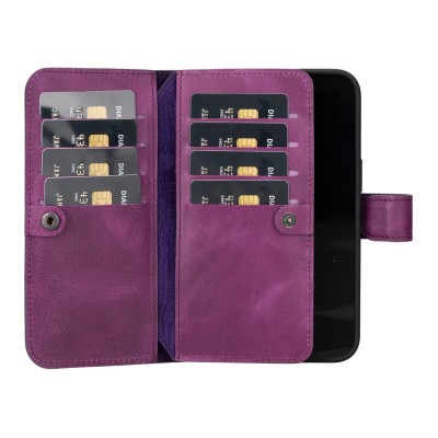 For iP15 Pro Max Wallet Premium PU Vegan Leather ID Multiple Card Holder Money with Strap - Dark Purple