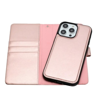 For iP15 Pro Max Wallet Premium PU Vegan Leather ID Multiple Card Holder Money with Strap - Rose Gold