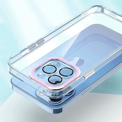 For iP15 Pro Max Transparent Clear Hybrid with Matching Metal Buttons and Camera Protection - Rose Gold