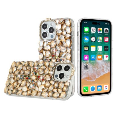 For iP15 Pro Max Cross Full Diamond Bling Case Cover - Gold