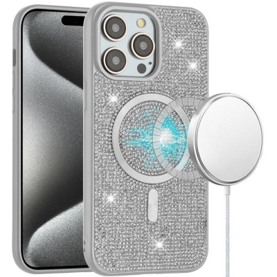 For iP15 Pro Max Diamond [Magnetic Circle] with CD Pattern Hybrid - White