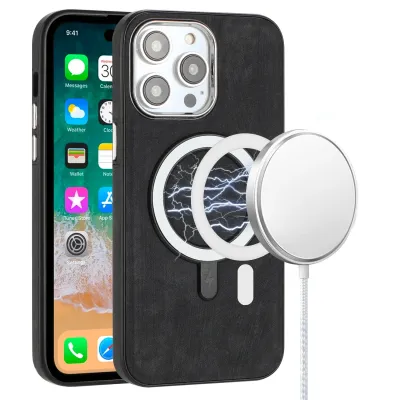 For iPhone 11 (XI6.1) Fashion Chrome Edged Camera [Magnetic Circle] PU Leather Hybrid - Black