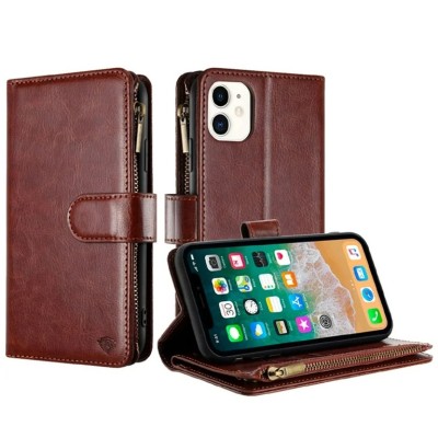 For iPhone 11 METKASE Luxury Wallet Card ID Zipper Money Holder in Slide-Out Package - Brown