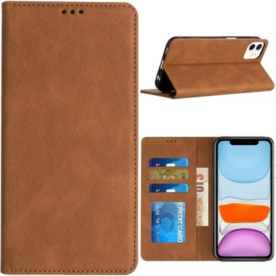 For iPhone 11 METKASE Wallet PU Vegan Leather ID Card Money Holder with Magnetic Closure in Slide-Out Package - Brown